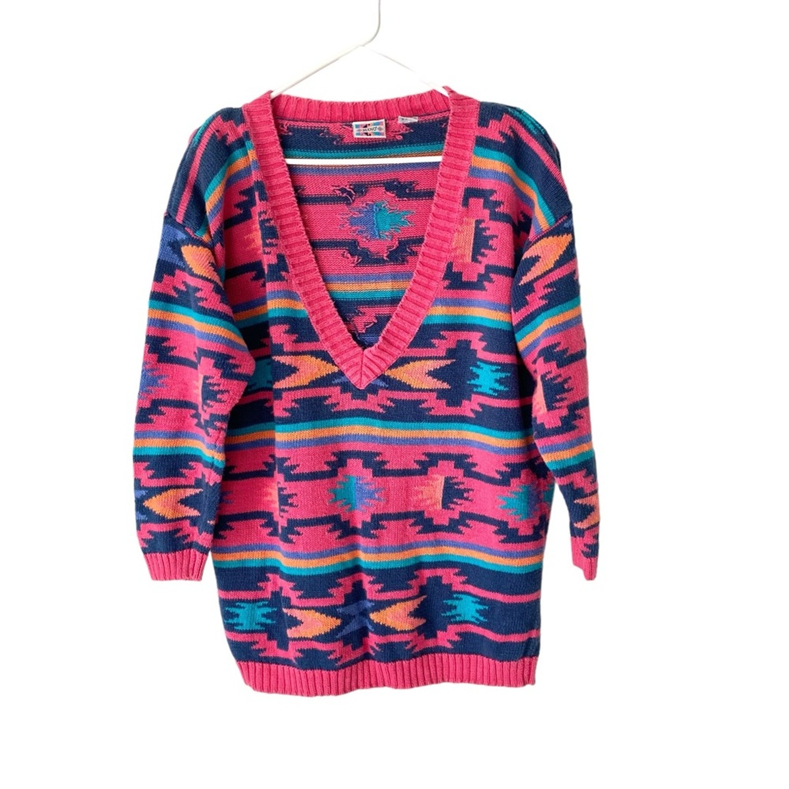 Nuovo Vintage Pink Cotton V-Neck Aztec Navajo Cotton Oversized Sweater 90s Y2k